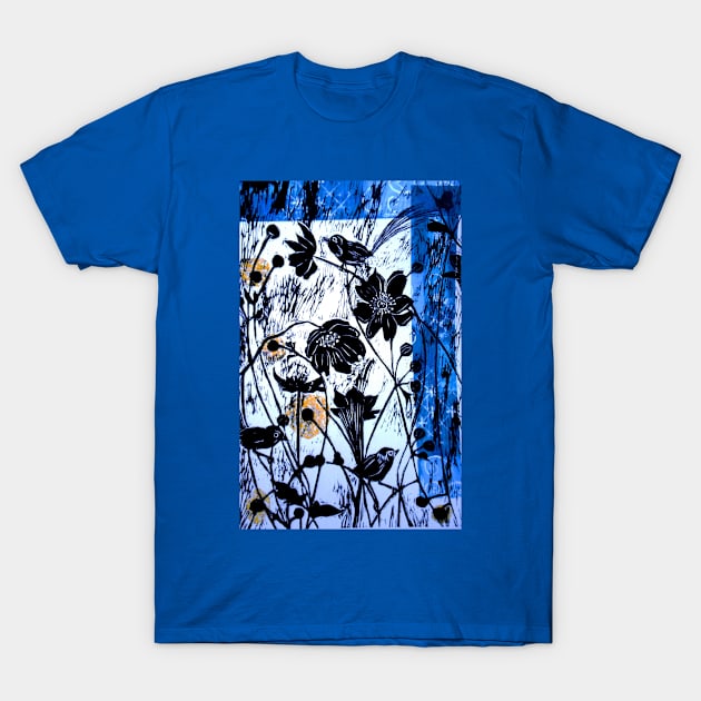 Japanase Windflowers - Chine Colle Woodcut T-Shirt by BillyLee